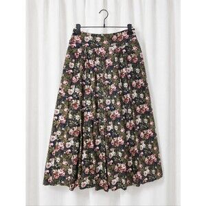 Vintage Herman Geist Rose Floral Corduroy Pleated A-line Cottagecore Midi Skirt